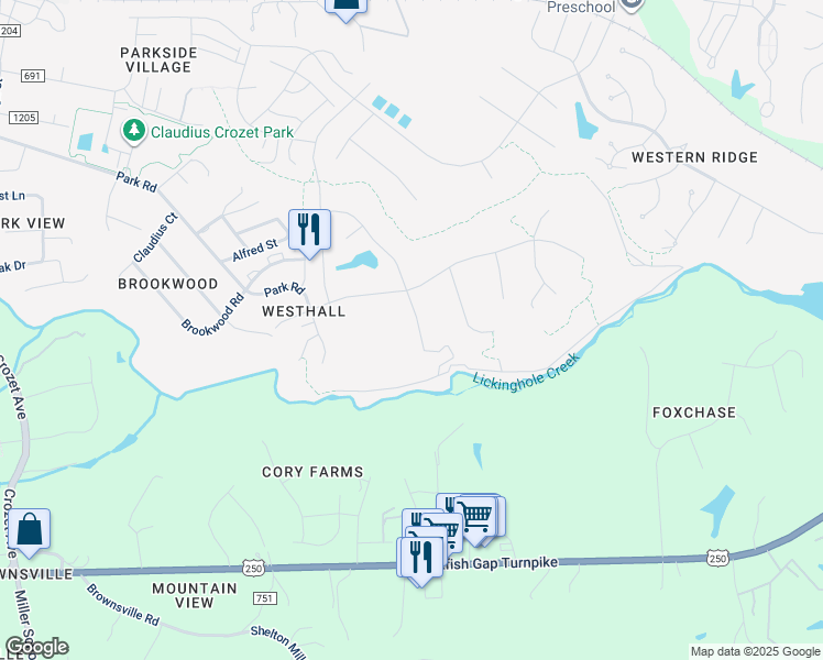 map of restaurants, bars, coffee shops, grocery stores, and more near 646 Jonna Street in Crozet