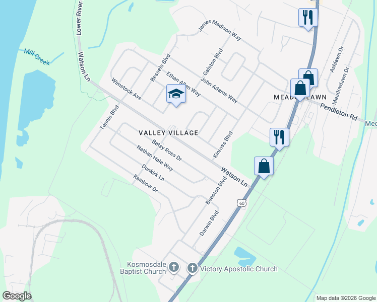 map of restaurants, bars, coffee shops, grocery stores, and more near 7012 Watson Lane in Louisville