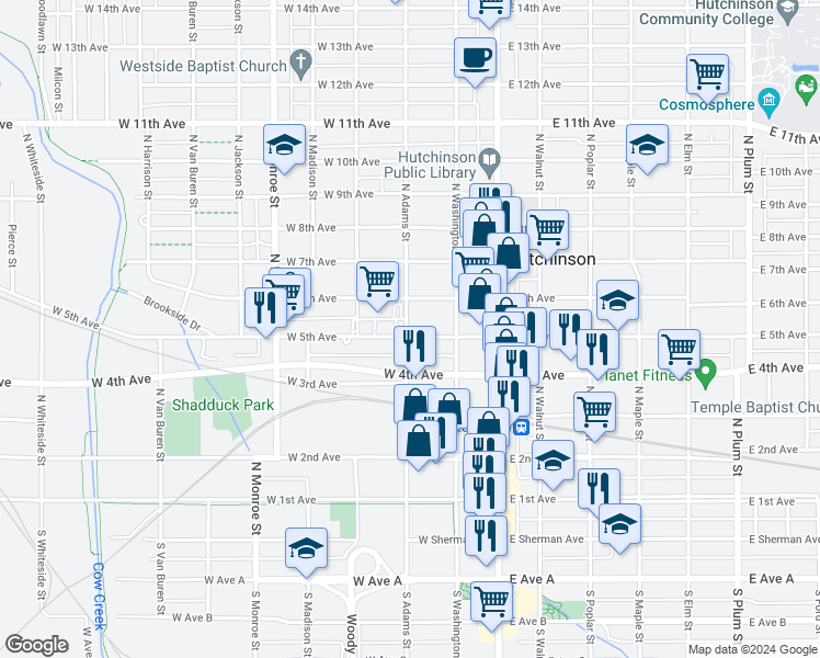 map of restaurants, bars, coffee shops, grocery stores, and more near 128 West 5th Avenue in Hutchinson