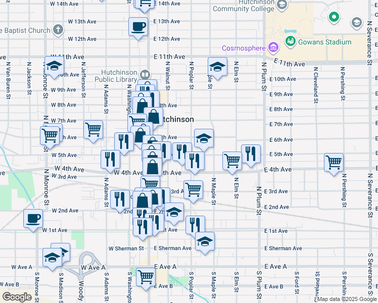 map of restaurants, bars, coffee shops, grocery stores, and more near 128 East 5th Avenue in Hutchinson