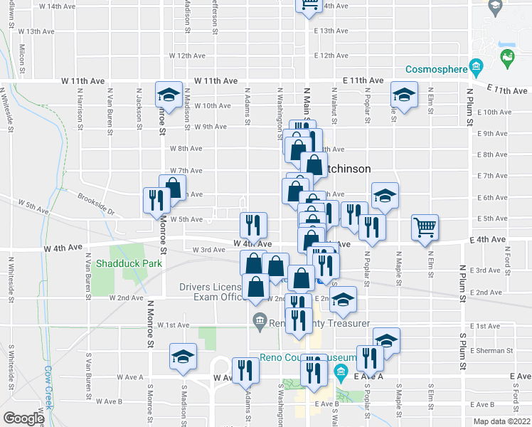 map of restaurants, bars, coffee shops, grocery stores, and more near 110 West 5th Avenue in Hutchinson
