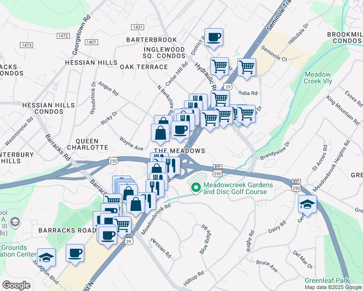 map of restaurants, bars, coffee shops, grocery stores, and more near 1615 Emmet Street North in Charlottesville
