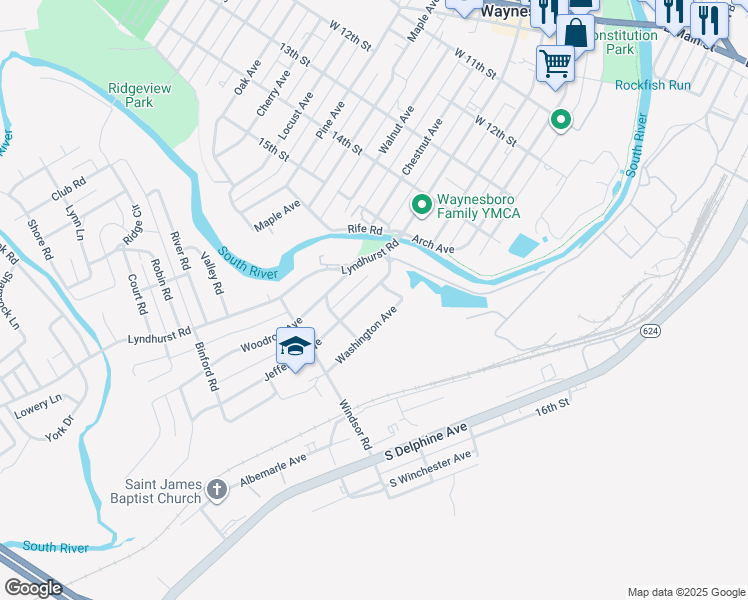 map of restaurants, bars, coffee shops, grocery stores, and more near 830 Washington Ave in Waynesboro