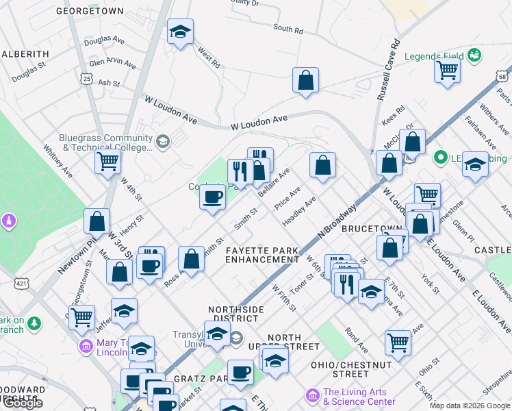 map of restaurants, bars, coffee shops, grocery stores, and more near 550 Smith Street in Lexington