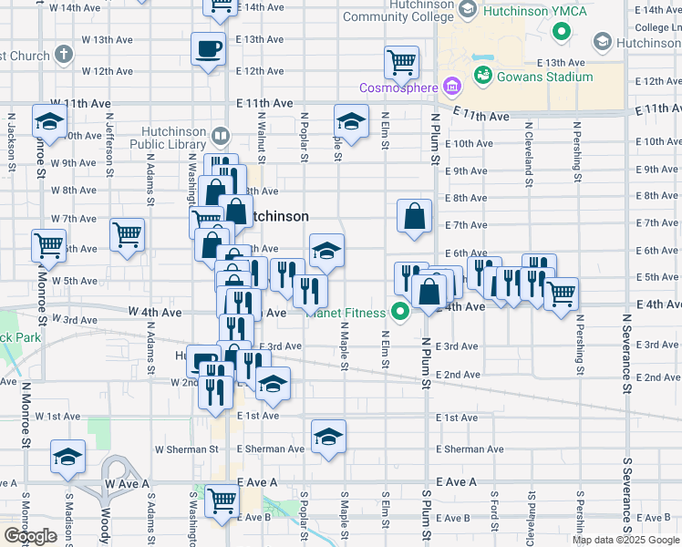 map of restaurants, bars, coffee shops, grocery stores, and more near 302 North Maple Street in Hutchinson