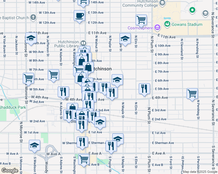 map of restaurants, bars, coffee shops, grocery stores, and more near 117 East 5th Avenue in Hutchinson