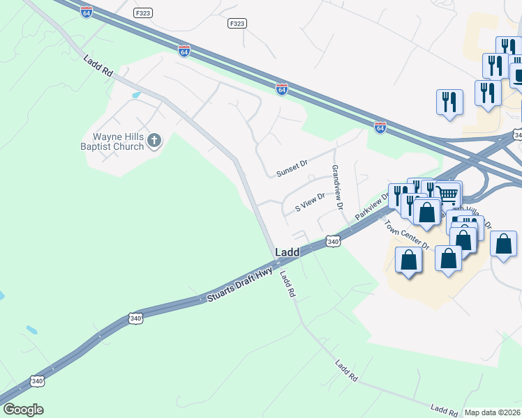 map of restaurants, bars, coffee shops, grocery stores, and more near 1072 Ladd Rd in Waynesboro