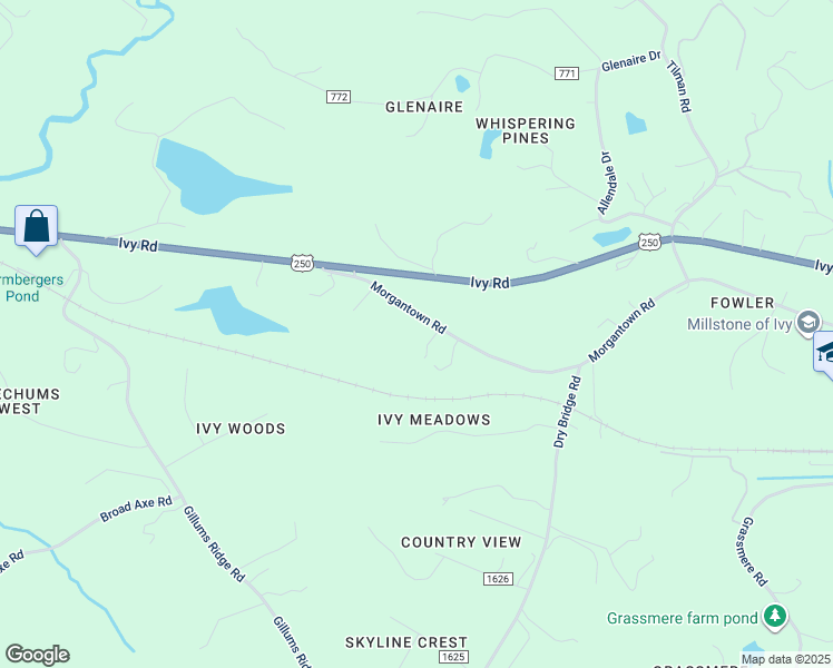 map of restaurants, bars, coffee shops, grocery stores, and more near 3707 Morgantown Road in Charlottesville
