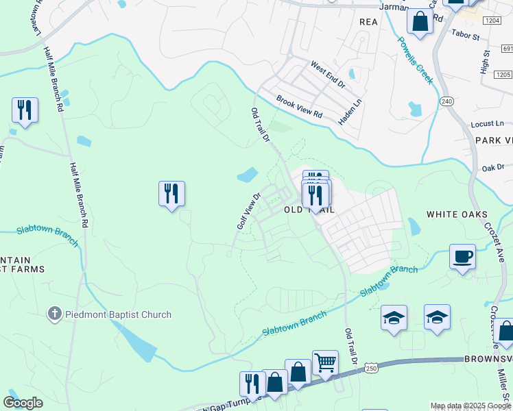 map of restaurants, bars, coffee shops, grocery stores, and more near 772 Golf View Drive in Crozet