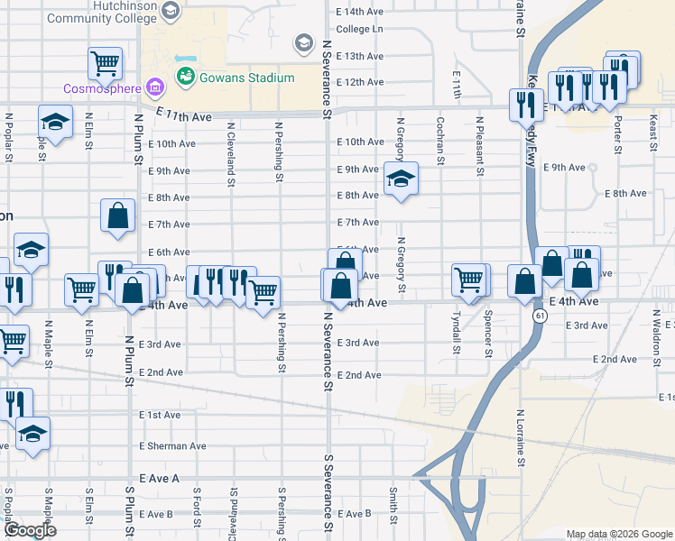 map of restaurants, bars, coffee shops, grocery stores, and more near 907 East 6th Avenue in Hutchinson