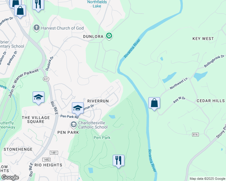 map of restaurants, bars, coffee shops, grocery stores, and more near 1359 Le Parc Terrace in Charlottesville