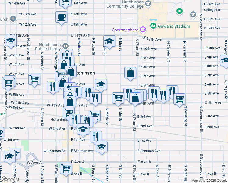 map of restaurants, bars, coffee shops, grocery stores, and more near 303 East 6th Avenue in Hutchinson