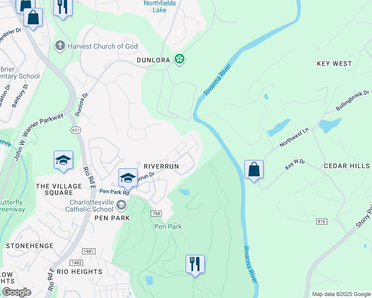 map of restaurants, bars, coffee shops, grocery stores, and more near 1359 Le Parc Terrace in Charlottesville