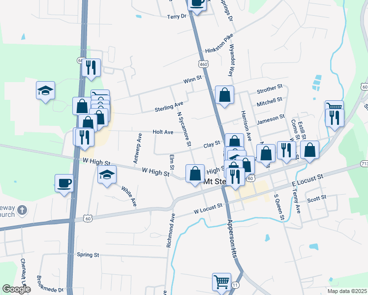 map of restaurants, bars, coffee shops, grocery stores, and more near 215 North Sycamore Street in Mount Sterling