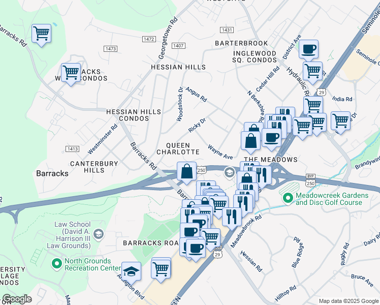 map of restaurants, bars, coffee shops, grocery stores, and more near 1502-1504 Ricky Road in Charlottesville