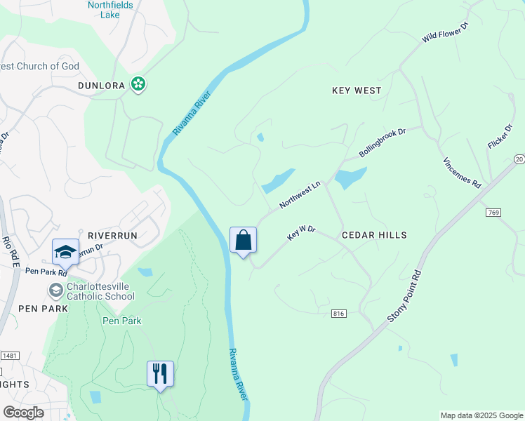 map of restaurants, bars, coffee shops, grocery stores, and more near 356 Key West Drive in Charlottesville