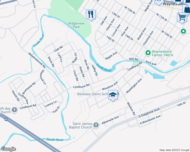 map of restaurants, bars, coffee shops, grocery stores, and more near 116 Valley Road in Waynesboro