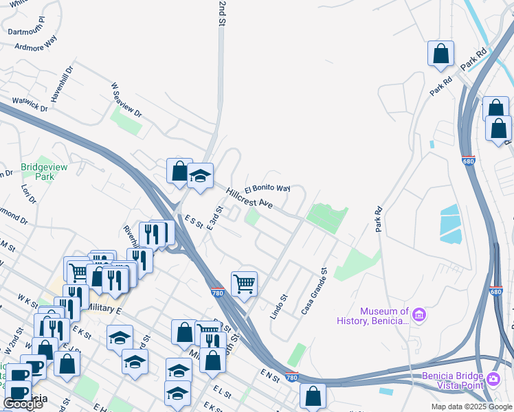 map of restaurants, bars, coffee shops, grocery stores, and more near 8 El Bonito Way in Benicia