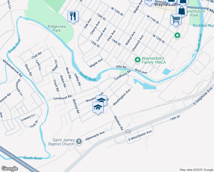 map of restaurants, bars, coffee shops, grocery stores, and more near 855 Woodrow Avenue in Waynesboro