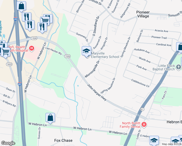 map of restaurants, bars, coffee shops, grocery stores, and more near 12044 Morningside Drive in Louisville