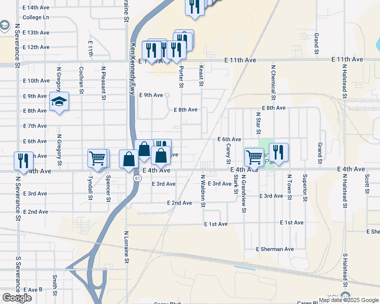 map of restaurants, bars, coffee shops, grocery stores, and more near 1606 East 5th Avenue in Hutchinson