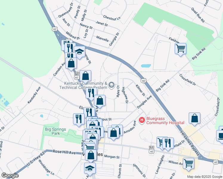 map of restaurants, bars, coffee shops, grocery stores, and more near 300 North Main Street in Versailles