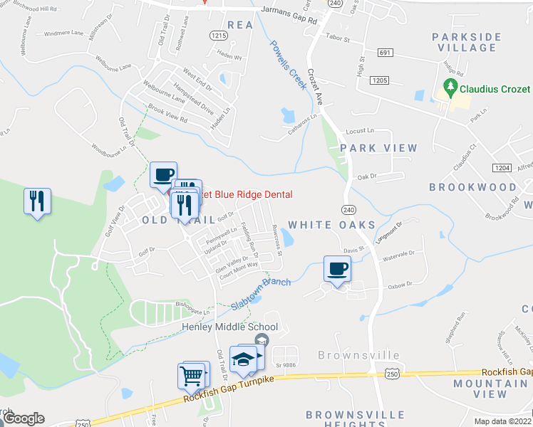 map of restaurants, bars, coffee shops, grocery stores, and more near 3430 Rowcross Street in Crozet