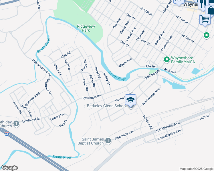 map of restaurants, bars, coffee shops, grocery stores, and more near 116 Valley Road in Waynesboro