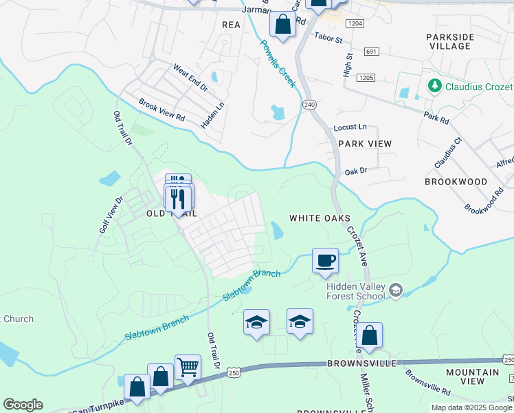 map of restaurants, bars, coffee shops, grocery stores, and more near 3430 Rowcross Street in Crozet
