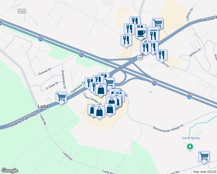 map of restaurants, bars, coffee shops, grocery stores, and more near P. Buckley Moss Drive in Waynesboro