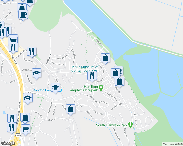 map of restaurants, bars, coffee shops, grocery stores, and more near 50 Arnold Drive in Novato