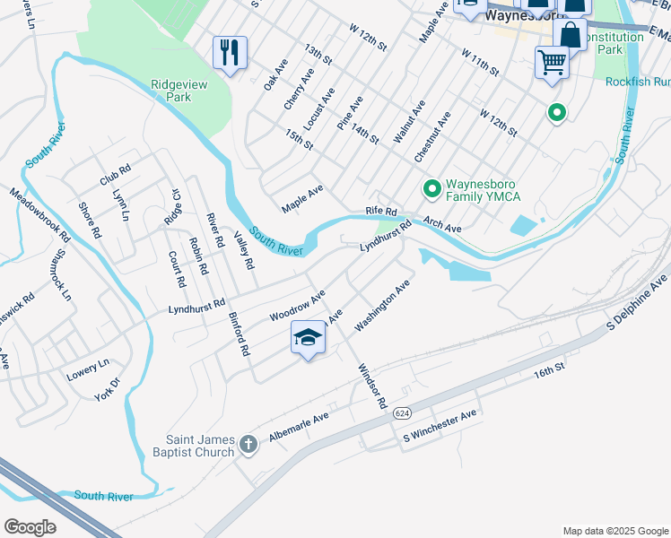 map of restaurants, bars, coffee shops, grocery stores, and more near 855 Woodrow Avenue in Waynesboro