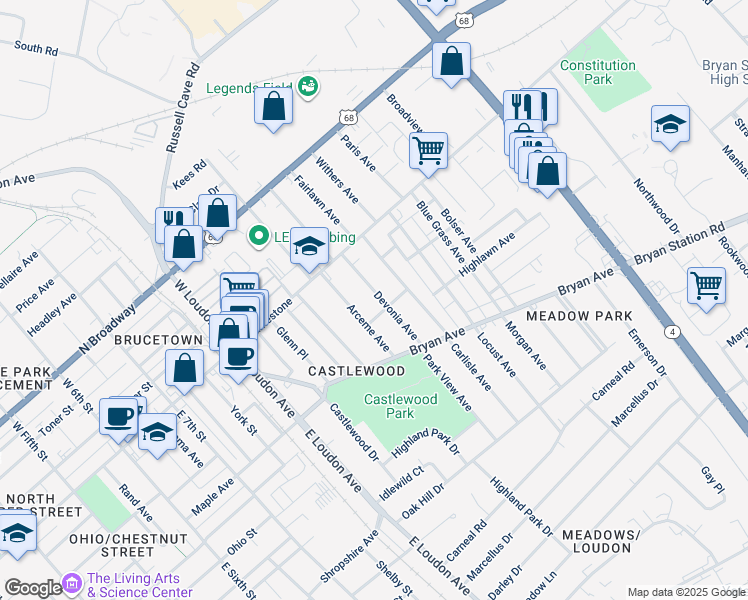 map of restaurants, bars, coffee shops, grocery stores, and more near 153 Devonia Avenue in Lexington
