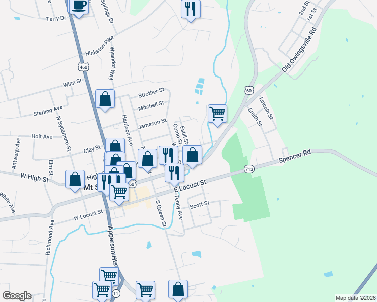 map of restaurants, bars, coffee shops, grocery stores, and more near 511 East High Street in Mount Sterling