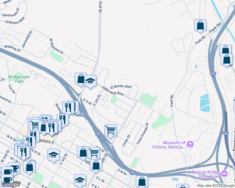 map of restaurants, bars, coffee shops, grocery stores, and more near 58 El Bonito Way in Benicia