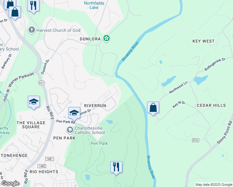 map of restaurants, bars, coffee shops, grocery stores, and more near 994 Riverrun Drive in Charlottesville