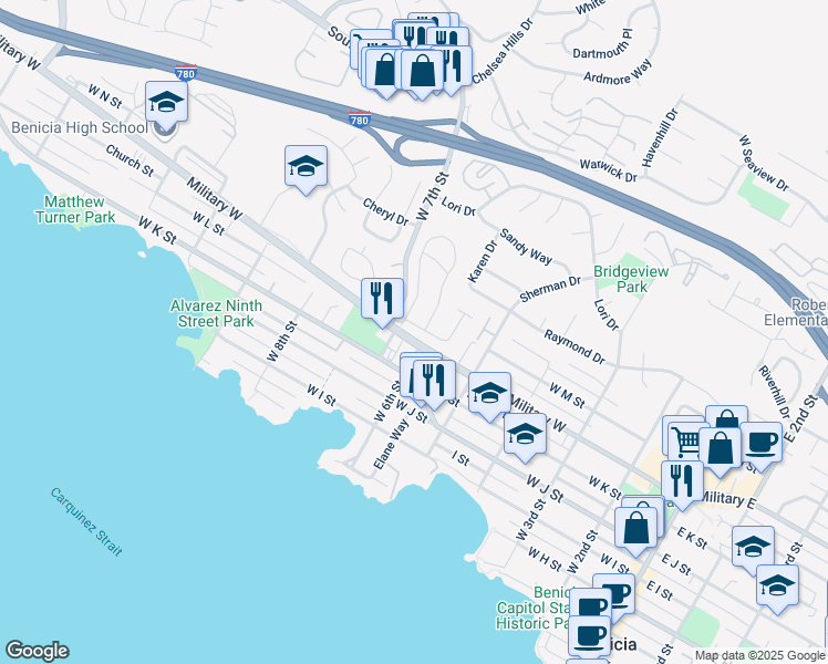 map of restaurants, bars, coffee shops, grocery stores, and more near 8 Alta Loma in Benicia