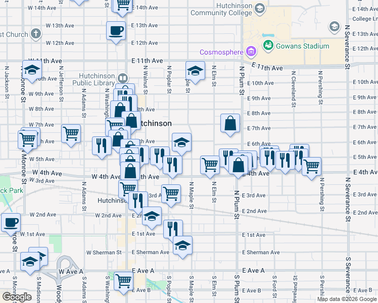 map of restaurants, bars, coffee shops, grocery stores, and more near 303 East 6th Avenue in Hutchinson