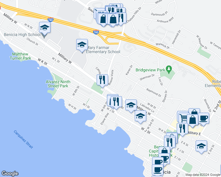 map of restaurants, bars, coffee shops, grocery stores, and more near 8 Alta Loma in Benicia
