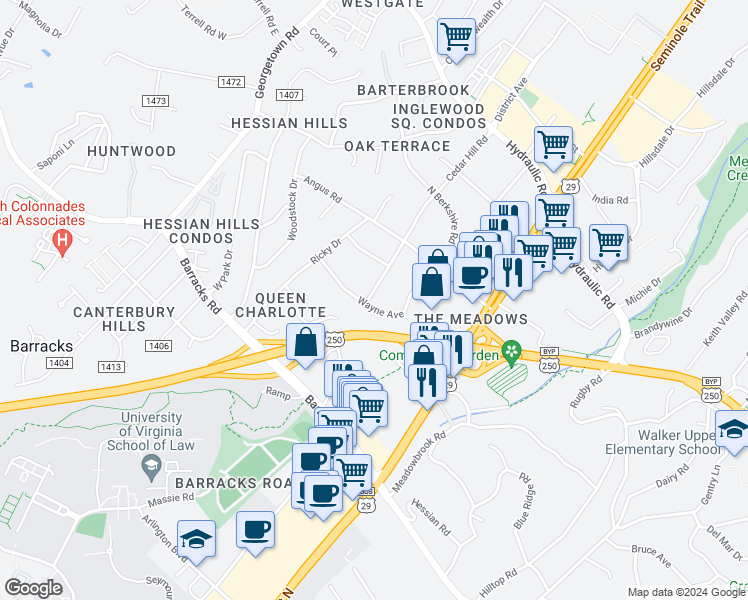 map of restaurants, bars, coffee shops, grocery stores, and more near 1601 Cedar Hill Road in Charlottesville