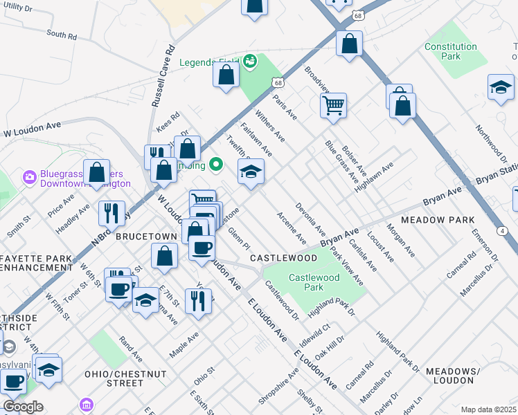 map of restaurants, bars, coffee shops, grocery stores, and more near 122 Arceme Avenue in Lexington