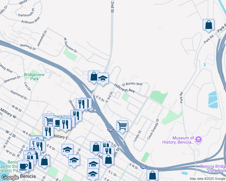 map of restaurants, bars, coffee shops, grocery stores, and more near 2015 East 3rd Street in Benicia