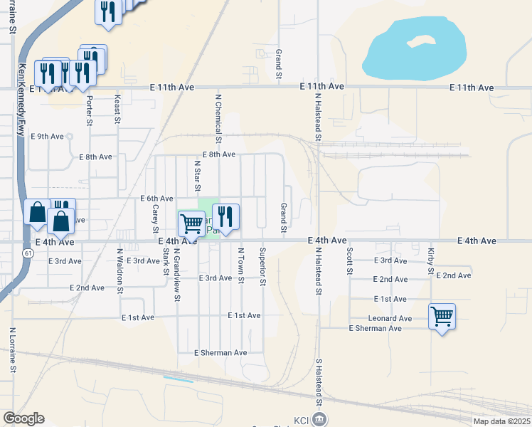 map of restaurants, bars, coffee shops, grocery stores, and more near 2214 East 4th Avenue in Hutchinson