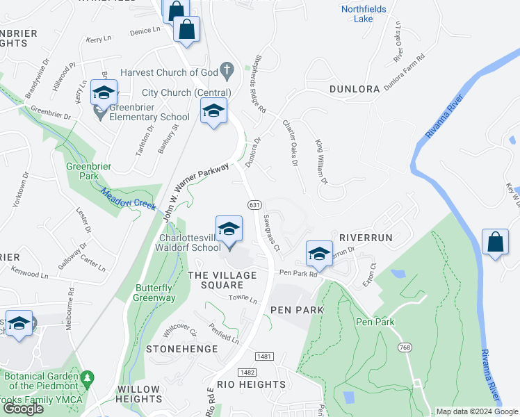 map of restaurants, bars, coffee shops, grocery stores, and more near 1637 Sawgrass Court in Charlottesville