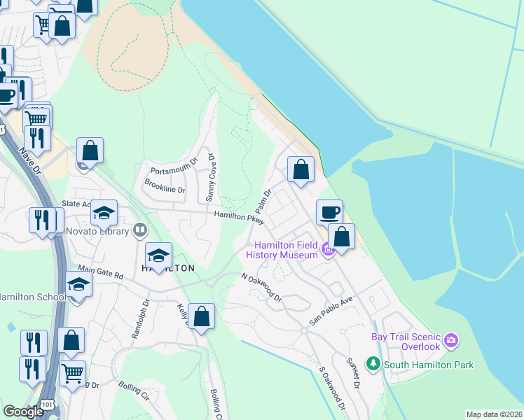 map of restaurants, bars, coffee shops, grocery stores, and more near 26 Arnold Drive in Novato