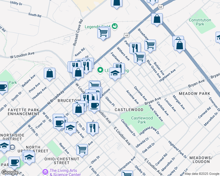 map of restaurants, bars, coffee shops, grocery stores, and more near in Lexington