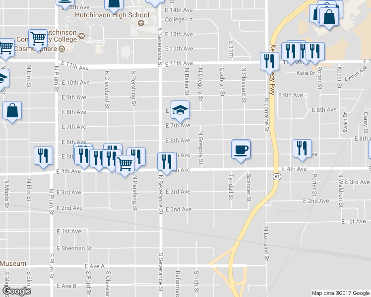 map of restaurants, bars, coffee shops, grocery stores, and more near 515 North Baker Street in Hutchinson
