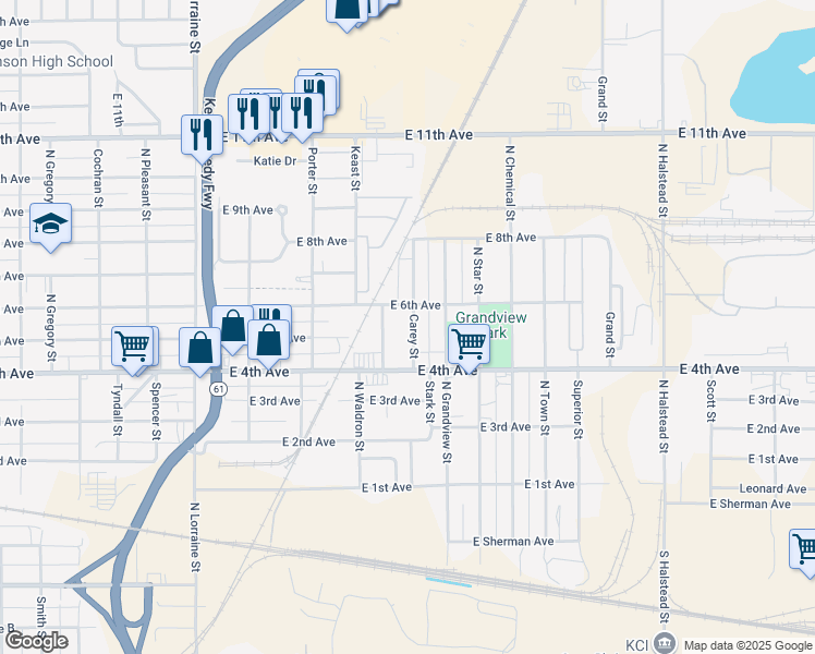 map of restaurants, bars, coffee shops, grocery stores, and more near 513 Carey Street in Hutchinson
