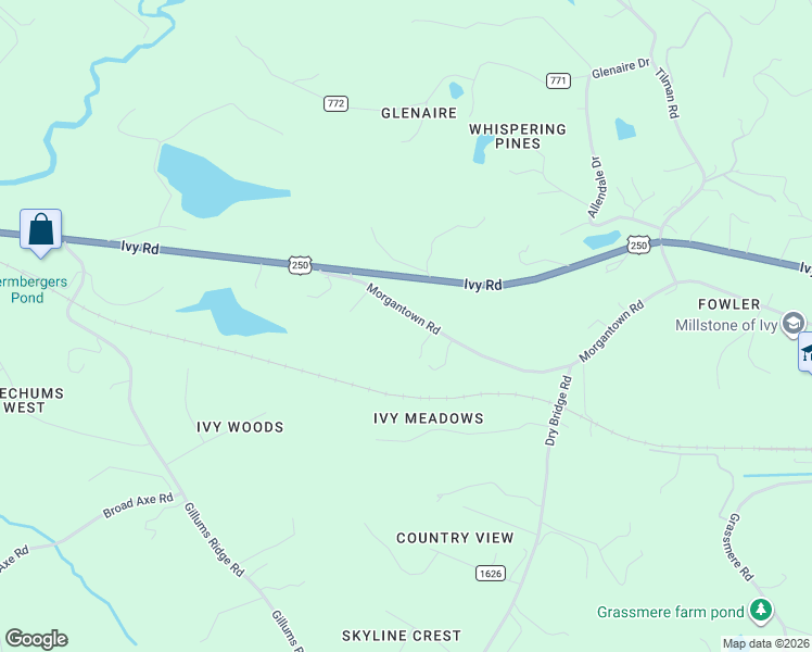map of restaurants, bars, coffee shops, grocery stores, and more near 3738 Morgantown Road in Charlottesville