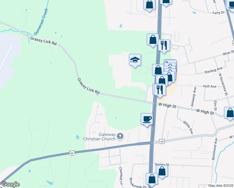 map of restaurants, bars, coffee shops, grocery stores, and more near 845 Grassy Lick Road in Mount Sterling